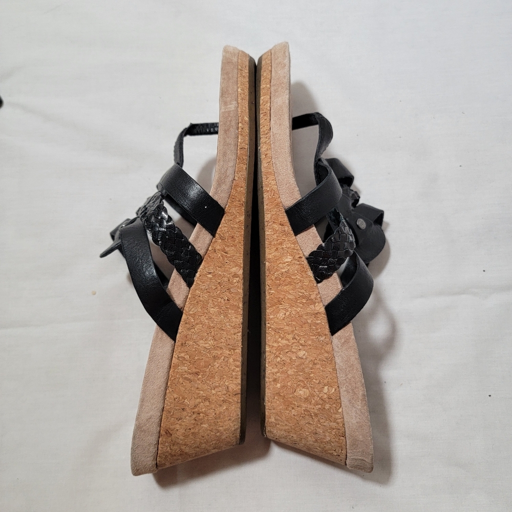 Ugg Women's Maddie Leather, Suede, Cork Black Wedge Thong Slides Sandals Sz 8.5 - Picture 6 of 8